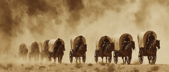 digital painting of a western wagon caravan crossing desert, sepia tones, dust splatter grunge texture, cinematic wild west scene