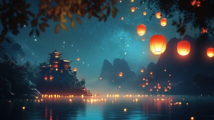 Obraz premium Serene Night Scene with Floating Lanterns Over a Calm Lake Beside a Traditional Structure Surrounded by Mountains and Stars