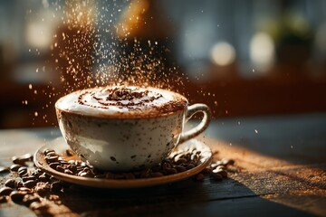 cup of cappuccino with latte art, cocoa powder sprinkled in mid-air, rustic wooden table, cozy warm light, blurred cafe background