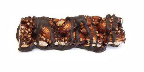 Stack chocolate chip with peanuts protein bars isolated on a white background.