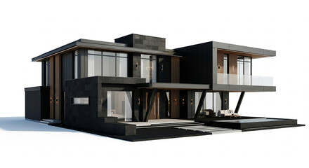 Luxurious Modern Black House with Sleek Contemporary Design, Large Windows, Balcony, and Outdoor Patio on an Isolated transparent background.