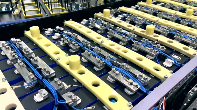 Electric vehicle battery for truck and , Lithium Iron Phosphate Batterys, EV technologies. Manufacturing of EV Lithium Battery pack. Lithium car battery on Production Line, Conveyor. Electric Car.