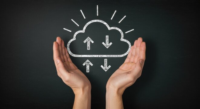 Cloud computing and data storage, a hand holding a drawing of a cloud with upload and download arrows