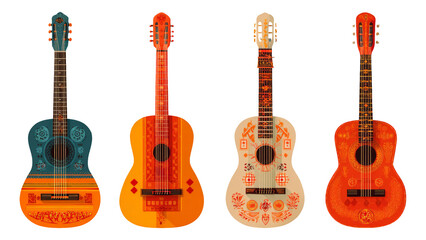 Colorful Traditional Guitars with Decorative Patterns on Transparent Background