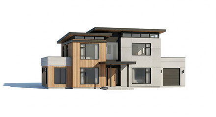 Modern Two-Story Luxury House with Contemporary Architecture, Large Windows, and Garage on an Isolated transparent background.