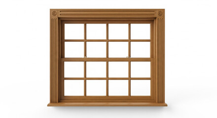 Traditional Wooden Window Frame with Grids on Isolated transparent background, Classic Architectural Element