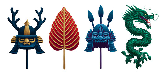 Colorful Fantasy Art Elements Featuring Dragon, Leaf, Helmet, and Warrior Symbols