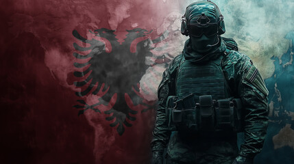 A soldier in tactical gear stands resolute against a backdrop of Albania flag and smoke. The image evokes duty, national pride, and military strength.