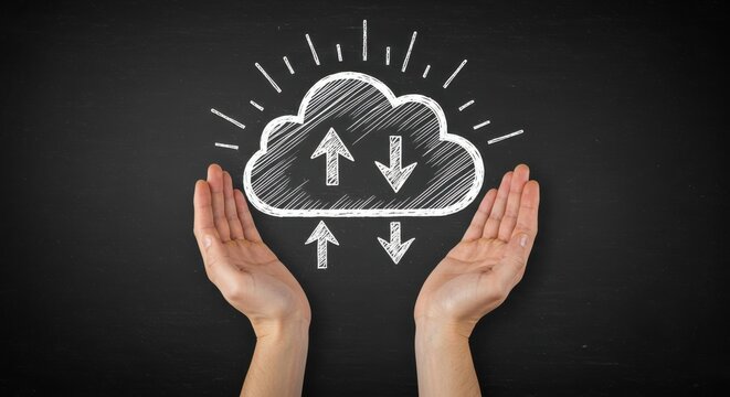 Hands holding a cloud with upload and download arrows drawn in chalk on a blackboard, symbolizing cloud computing and data transfer - Powered by Adobe