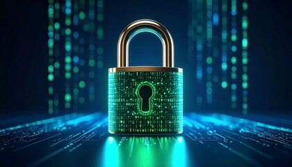 Gold padlock with glowing green binary code, digital circuit background