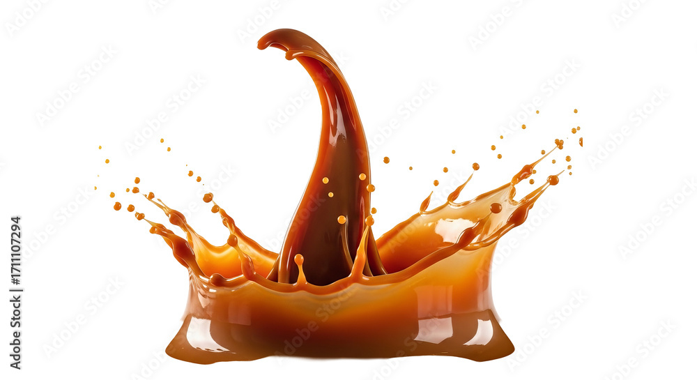 Aufkleber caramel liquid splashes upward in a crown shape with smaller droplets around the edges on a .