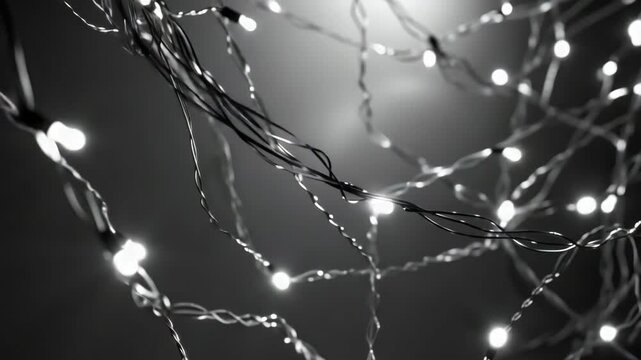 The  features a close-up view of a string of brightly lit Christmas lights. The wires are tightly coiled and the light bulbs are clearly visible.