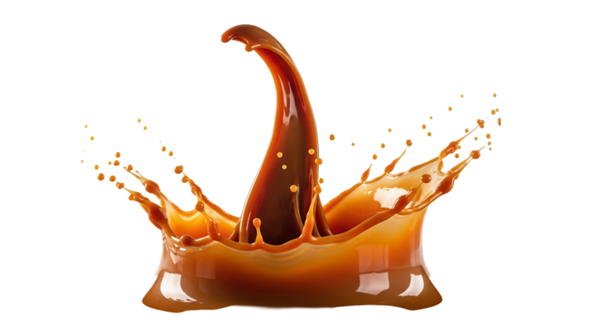 Caramel liquid splashes upward in a crown shape with smaller droplets around the edges on a .