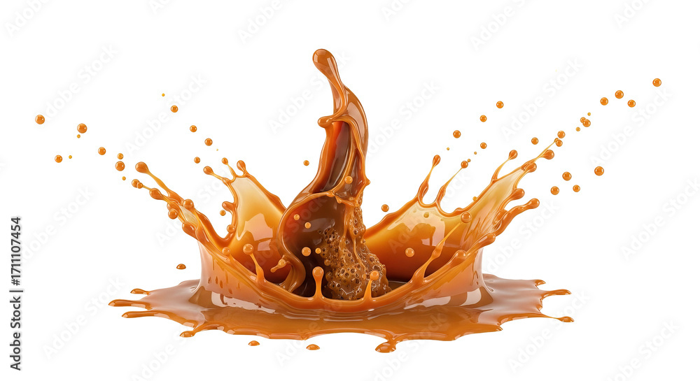 Aufkleber caramel liquid splatters and forms a crown shape with droplets floating against a isolated backgroun