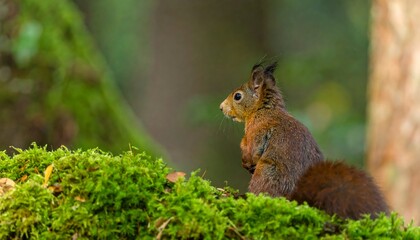 Fototapeta premium Red squirrel perched on mossy log, looking up