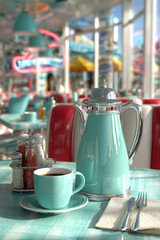 A cup of coffee in a 1950s diner.