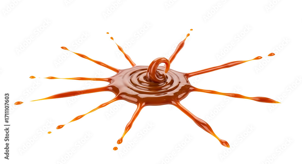 Aufkleber caramel substance forms a circular splash with radial projections against a isolated background.