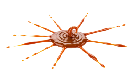 Caramel substance forms a circular splash with radial projections against a isolated background.