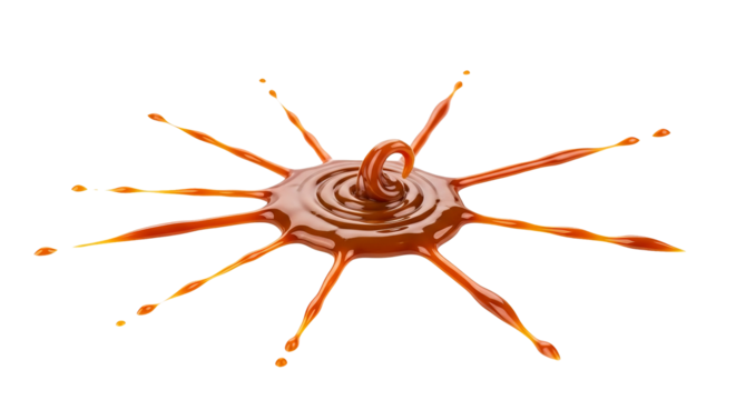 Caramel substance forms a circular splash with radial projections against a isolated background.