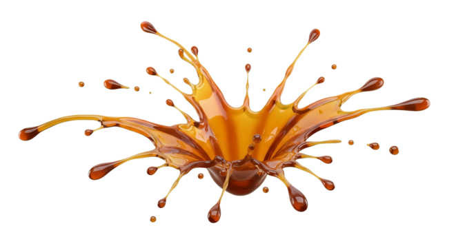 Caramel liquid splatters outwards forming splash shapes against a stark isolated background.