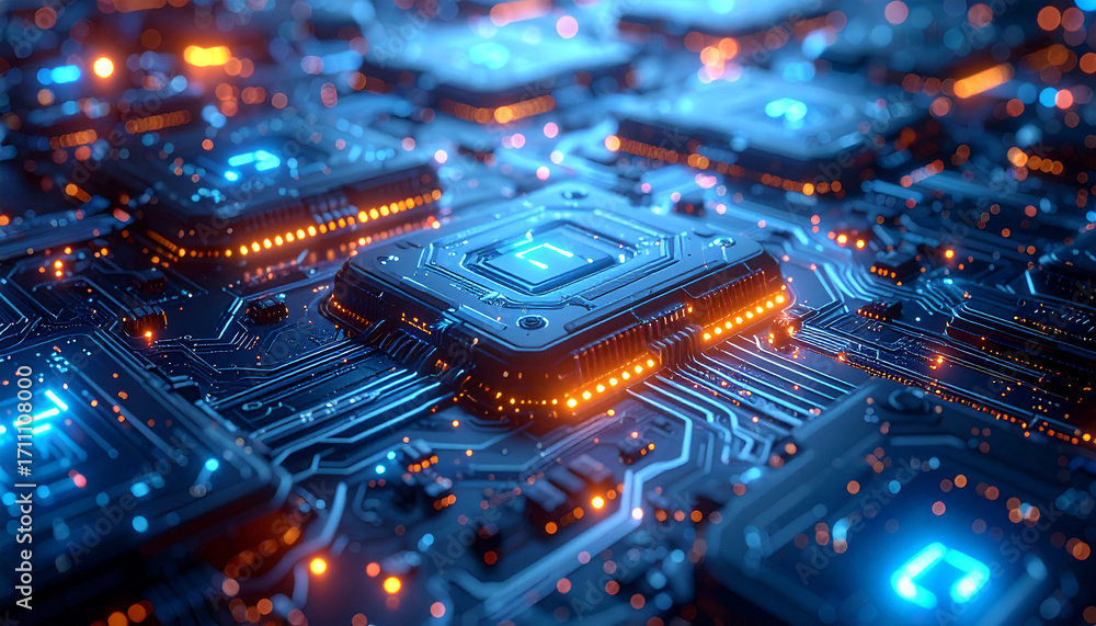Poster cyber circuitry: a striking macro view of a complex circuit board, awash in a captivating glow of bl