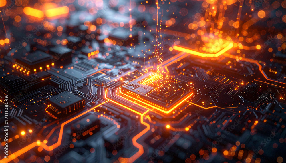 Poster illuminated circuit board: a mesmerizing close-up of a sophisticated circuit board pulsates with vib