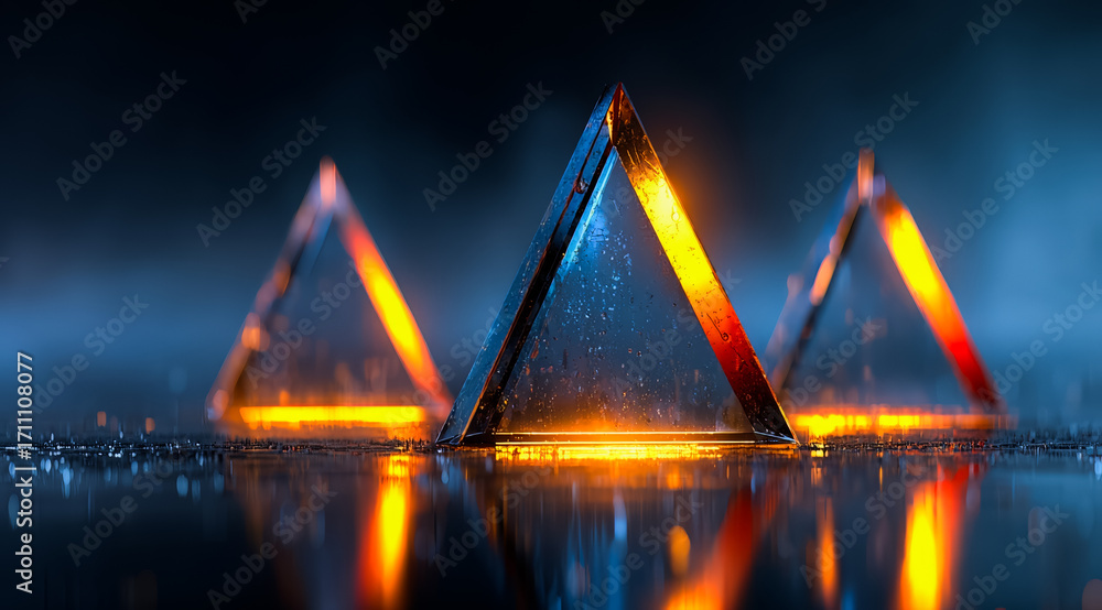 Poster three triangular shapes, each with a different color scheme, floating in the water