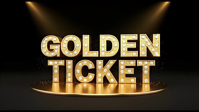 Golden ticket in illuminated marquee letters on a stage, representing opportunity, exclusivity, and VIP access.