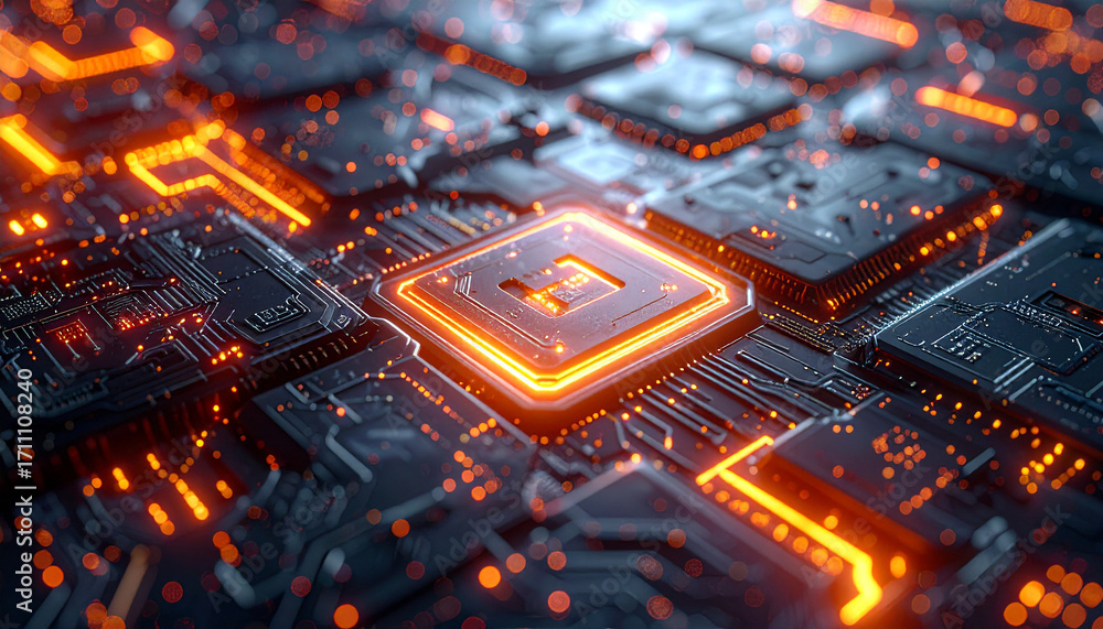 Poster circuit board detail: an intricate, high-tech circuit board glows with vibrant orange energy, showca