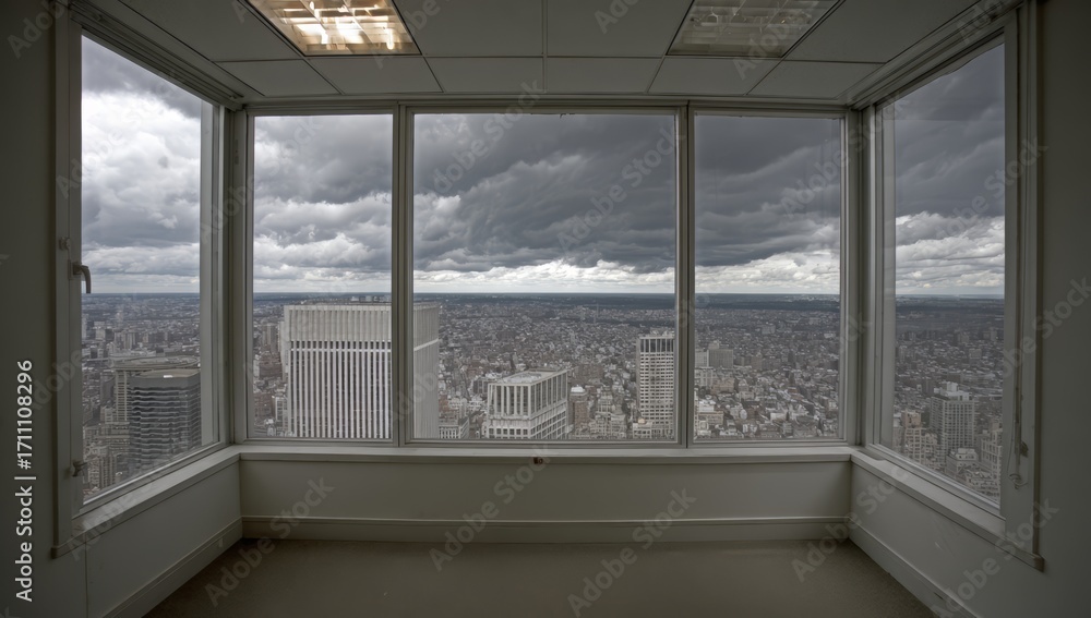 Poster windowless room with a view of a city. the room is empty and the view is of a cloudy sky