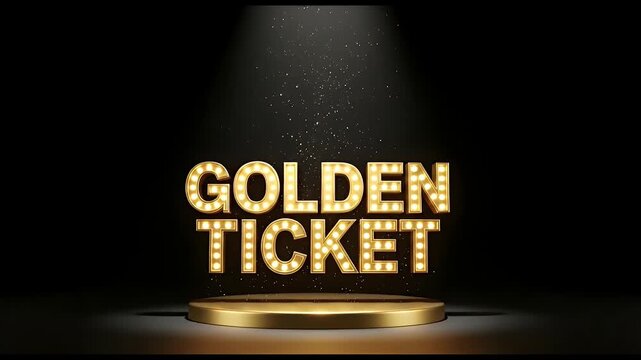 Golden ticket in bright lights on a golden podium illuminated by a spotlight, representing exclusivity and access