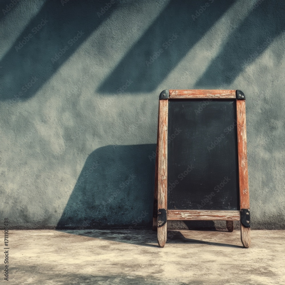 Poster wooden signboard with a blackboard on it is standing in front of a wall. the signboard is empty
