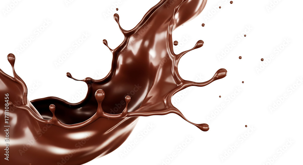 Poster chocolate liquid is splashing and moving in a fluid motion against a stark background.