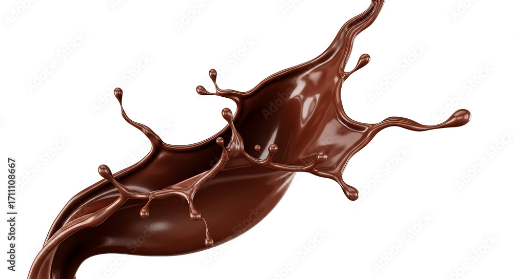 Poster chocolate liquid is splashing dynamically with high gloss against a stark solid , showcasing motion 