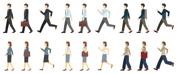 フラットイラスト：走る歩くスーツ男女(サイド)