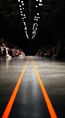Runway with a long line of people sitting in the background. The people are dressed in black and white