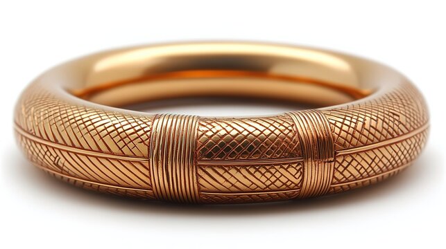 Golden Bangle with Intricate Engraved Patterns on White Background