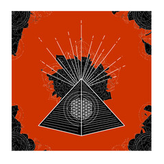 Explore sacred geometry pyramid art with flower of life and radiating light beams on orange background design