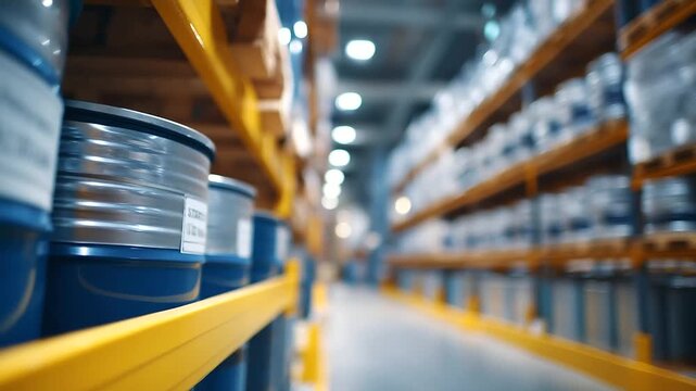 Massive chemical storage warehouse with rows of labeled hazmat containers and safety containment systems ventilation equipment and spill prevention barriers creating secure
