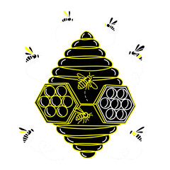 Illustration of a beehive with honeycombs and bees flying around the hive vector graphic design art print