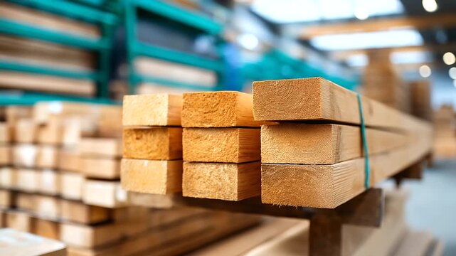 Lumber storage facility with treated wood products stacked by dimensional specifications moisture control systems and pest management ensuring construction material quality and