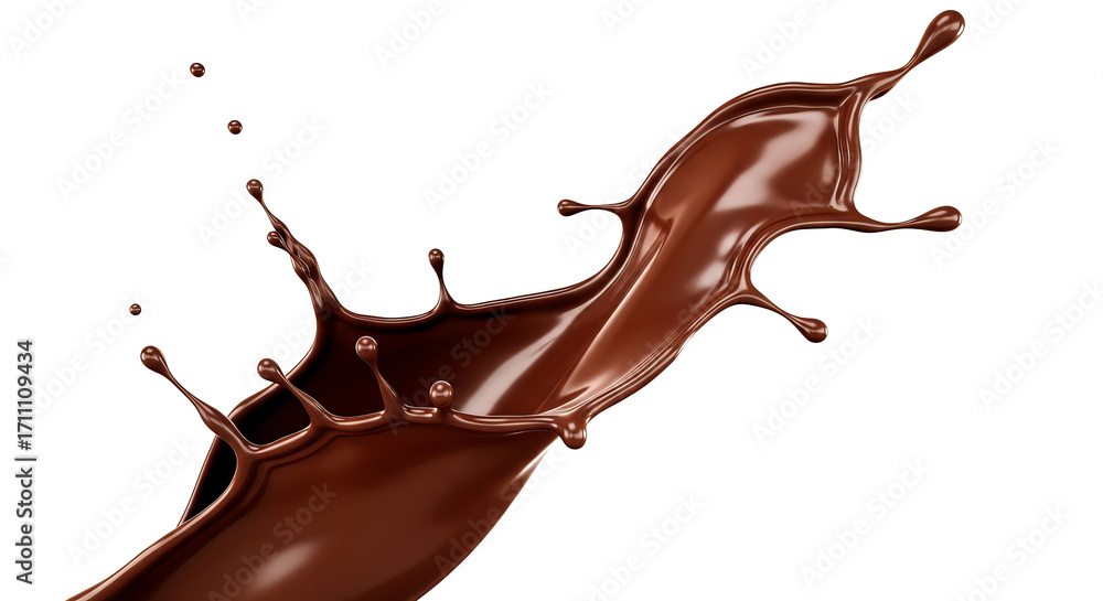 Poster chocolate splash creates dynamic forms with smaller droplets against a isolated background, conveyin