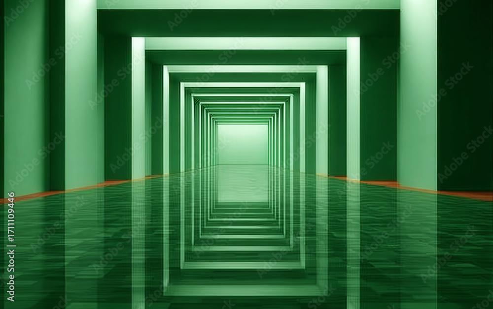 Poster green geometric tunnel with reflective floor and multiple rectangular frames