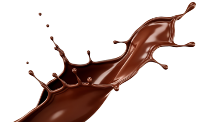 Chocolate splash creates dynamic forms with smaller droplets against a isolated background, conveying movement and richness.