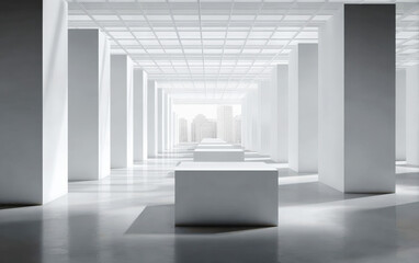 Modern and minimalist interior space with white columns and display platforms