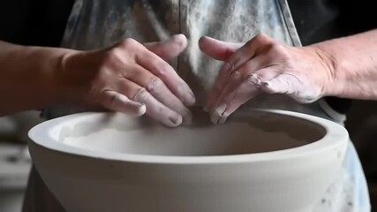 Artisan potter shaping a clay bowl on a pottery wheel in a rustic workshop with natural light