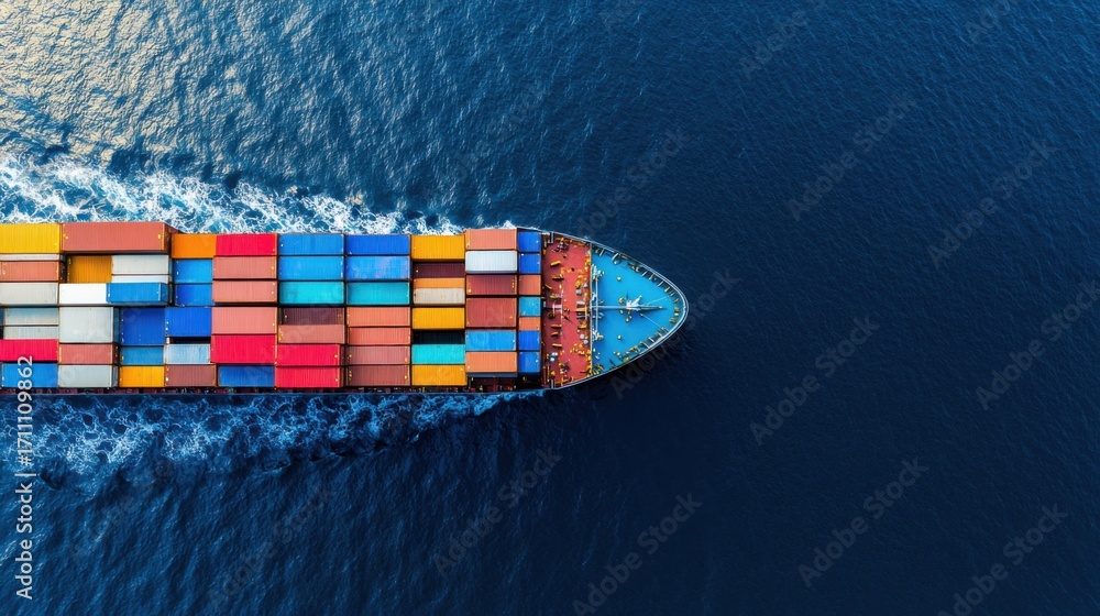 Poster container ship navigating through deep blue ocean waters from above view