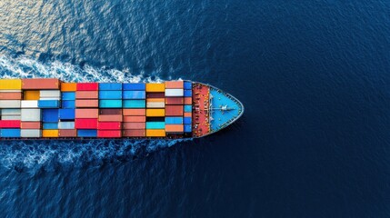 Container Ship Navigating Through Deep Blue Ocean Waters from Above View