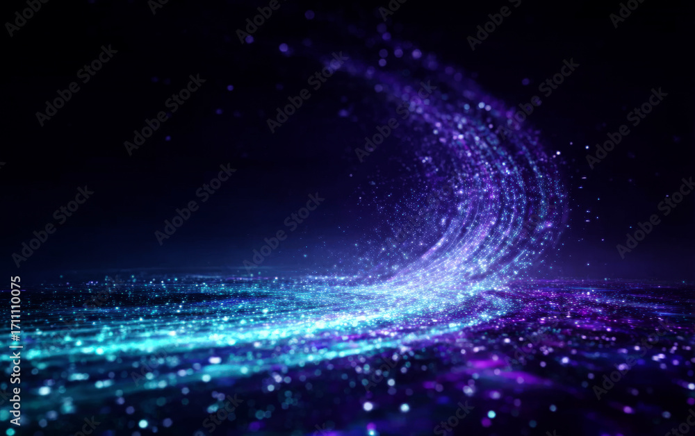 Poster vibrant glowing particles creating a dynamic curved stream