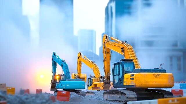 Heavy equipment operators maneuvering excavators and bulldozers in urban demolition project dust clouds and debris removal systems creating dramatic industrial atmosphere with